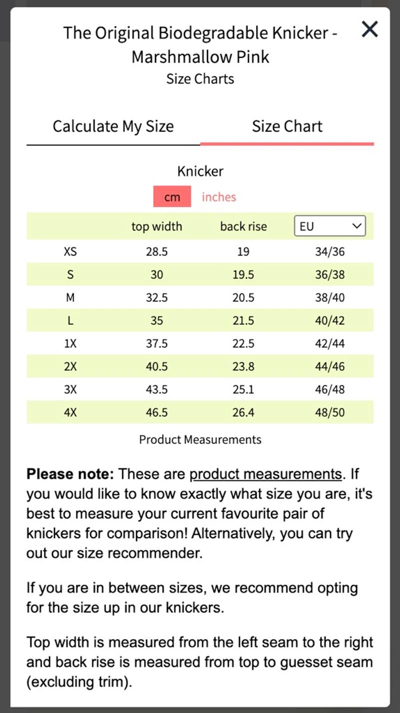 Size table